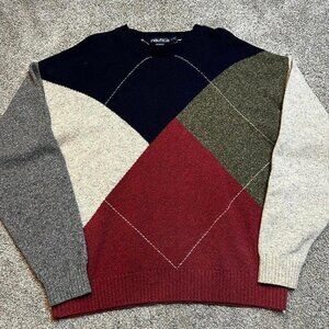 Vintage nautica‎ argyle wool color block preppy sweater size large